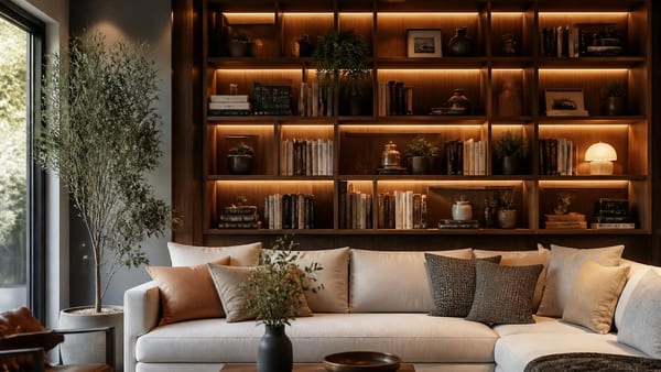 Come usare una libreria a muro sopra il divano per cambiare l’aspetto della zona living?