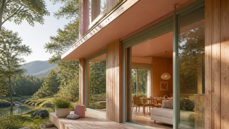 Questa casa in legno ripensa l’abitare con colori pastello e grandi aperture sul paesaggio