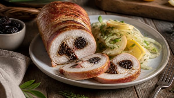 Rotolo di coniglio alle prugne e pancetta con insalata di cipollotti, mele e limoni