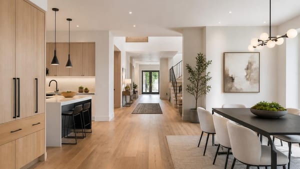 Soggiorno, cucina, ingresso in un unico ambiente: progetto in 3D