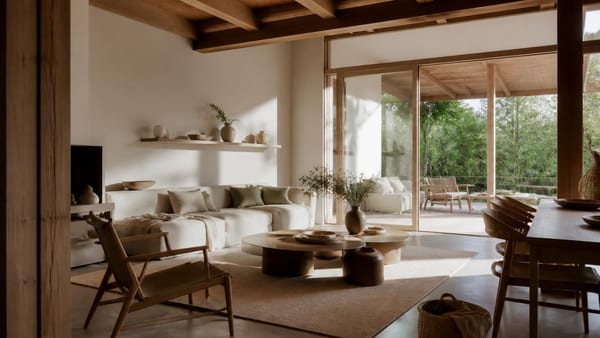 Stile Cabane: una casa luminosa con terrazzo, materiali naturali e spazi fluidi