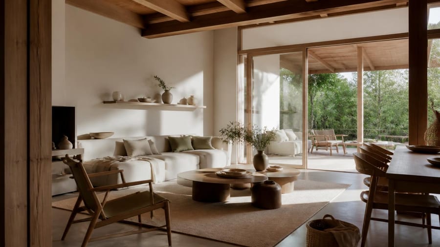 Stile Cabane: una casa luminosa con terrazzo, materiali naturali e spazi fluidi