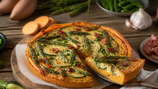 Torta con patate dolci, verdure primaverili e guanciale: la ricetta che non ti aspetti!